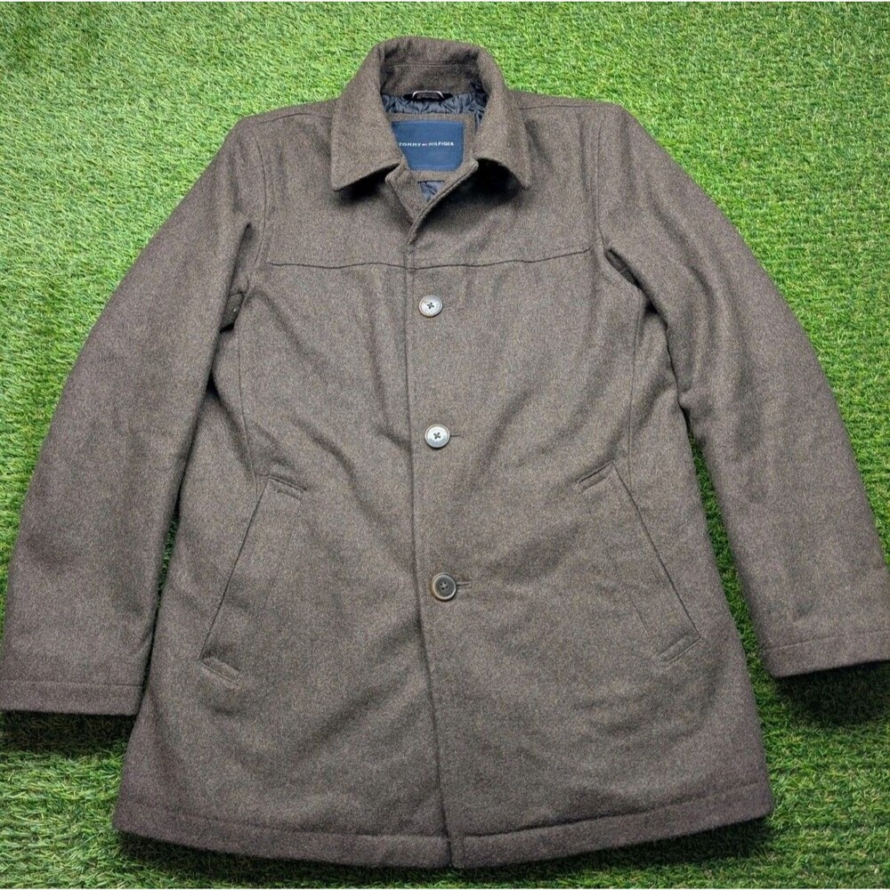 Tommy Hilfiger Mens  Wool Pea Coat Jacket Size S Charcoal Brown Inside Quilted
